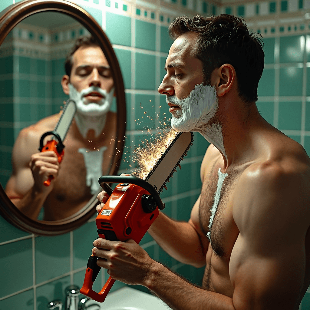 AI generated: A man shaving with a chainsaw in a bathroom, detailed and realistic scene, the man carefully using a...