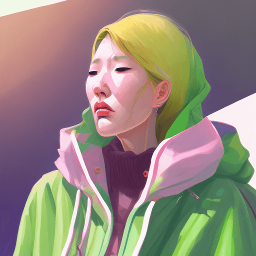 AI generated: a mid age woman wearing a  green poncho oversized puffer jacket, inspired by OffWhite, tumblr, inspi...