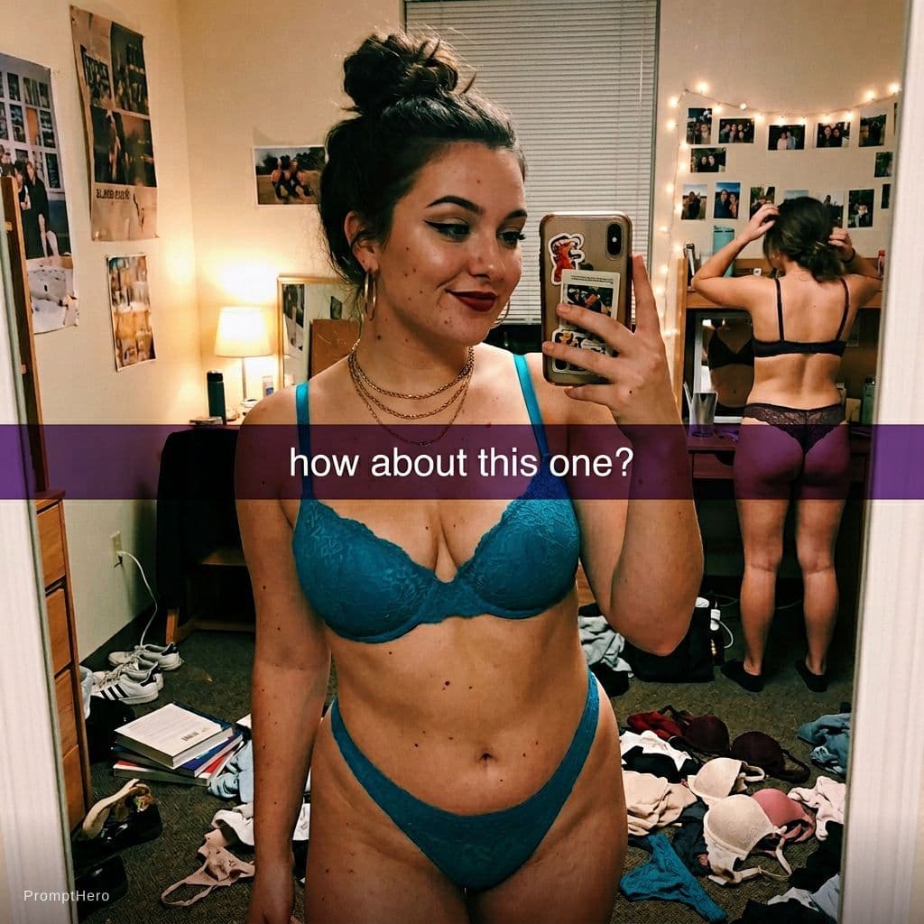 AI generated: A chubby 20 year old white woman takes a mirror selfie in her messy dimly lit college dorm room. The...