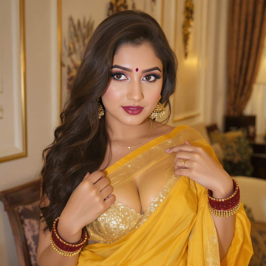 AI generated: Kiara advani, 18-21 years old, brown hair, Indian hair style, mustered yellow saree, light gold chai...