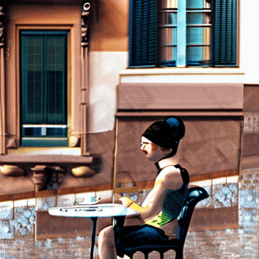 AI generated: "Girl with a pearl earring" modern digital photograph, in italy, sitting at an outdoor cafe looking ...