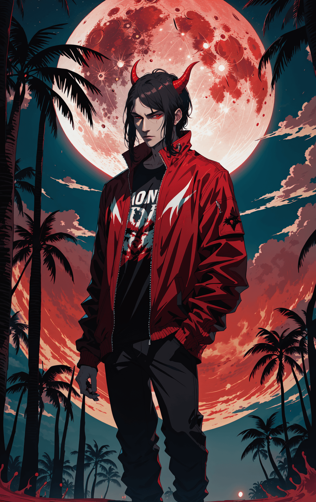 AI generated: concept art concept art using future funk aesthetics, suave looking demon man, standing under a (blo...