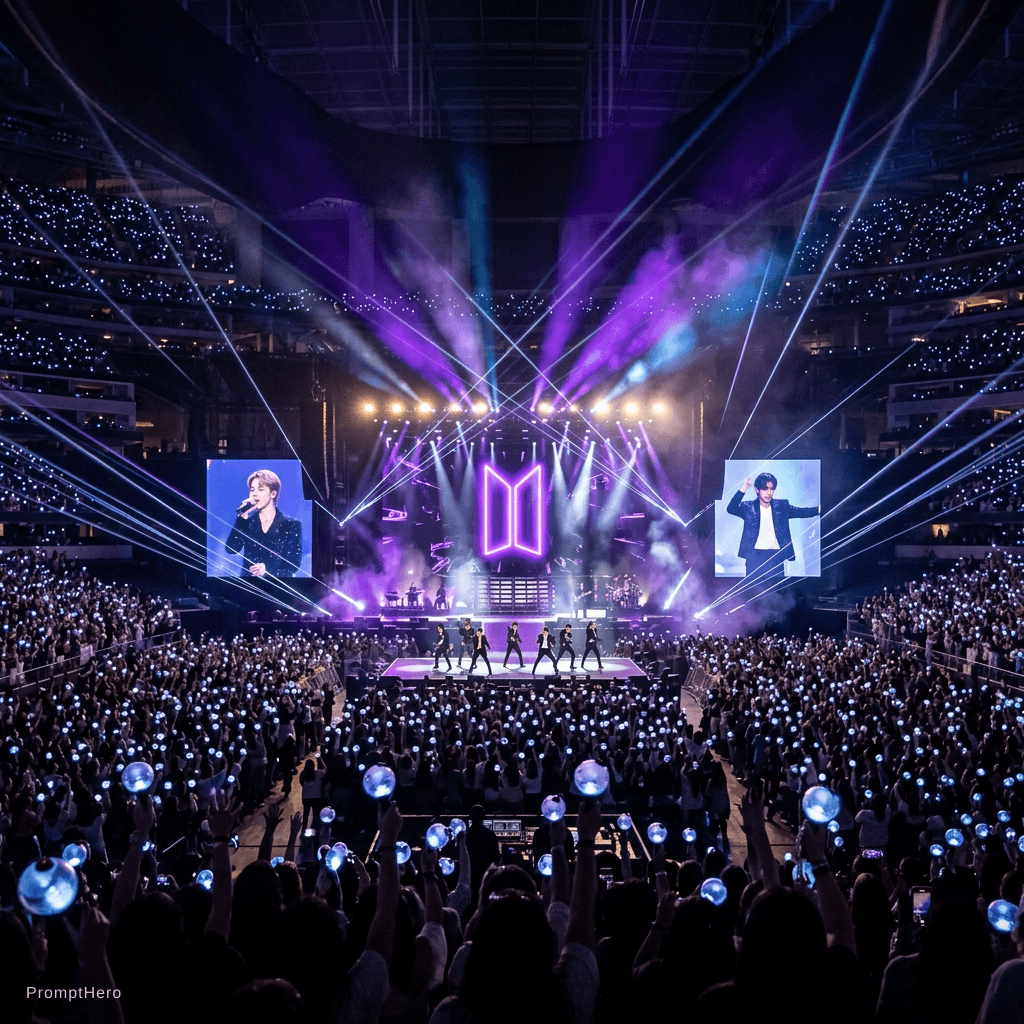 AI generated: Epic BTS KPOP concert arena, massive indoor stadium packed with thousands of ARMY fans holding glowi...