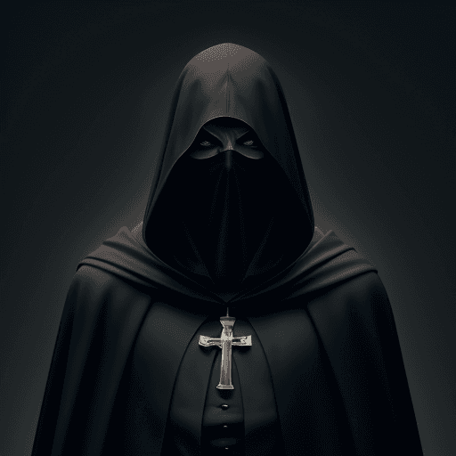 AI generated: assassin in a black matte cloak closed face with a hood on the background of the Vatican