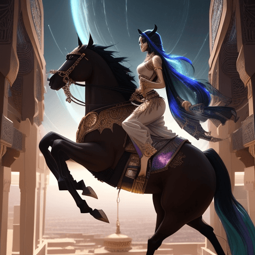 AI generated: Mecca Animation stylized anime mixed with tradition Arabian artworks~ A Arabian Horse flying at mode...