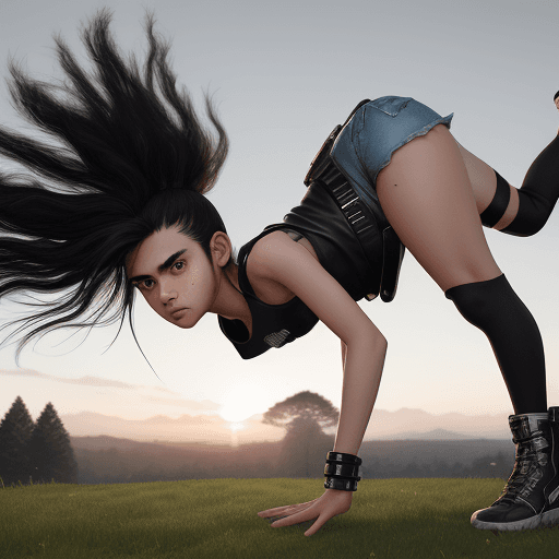 AI generated: a girl of just 16 years of short stature, brown eyes and jet black hair, running away
 highly detail...