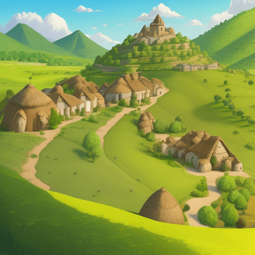 AI generated: Hyper realistic emperor's new groove art style, Pacha's village, hills, serene landscape, bright sun...