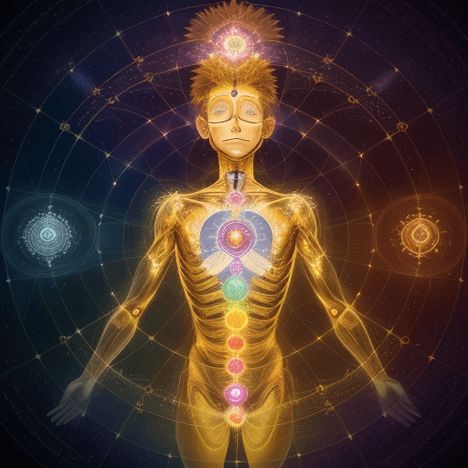 AI generated: a human being who shines and throughout his vertebral Cologne we see the brilliance of these chakras...