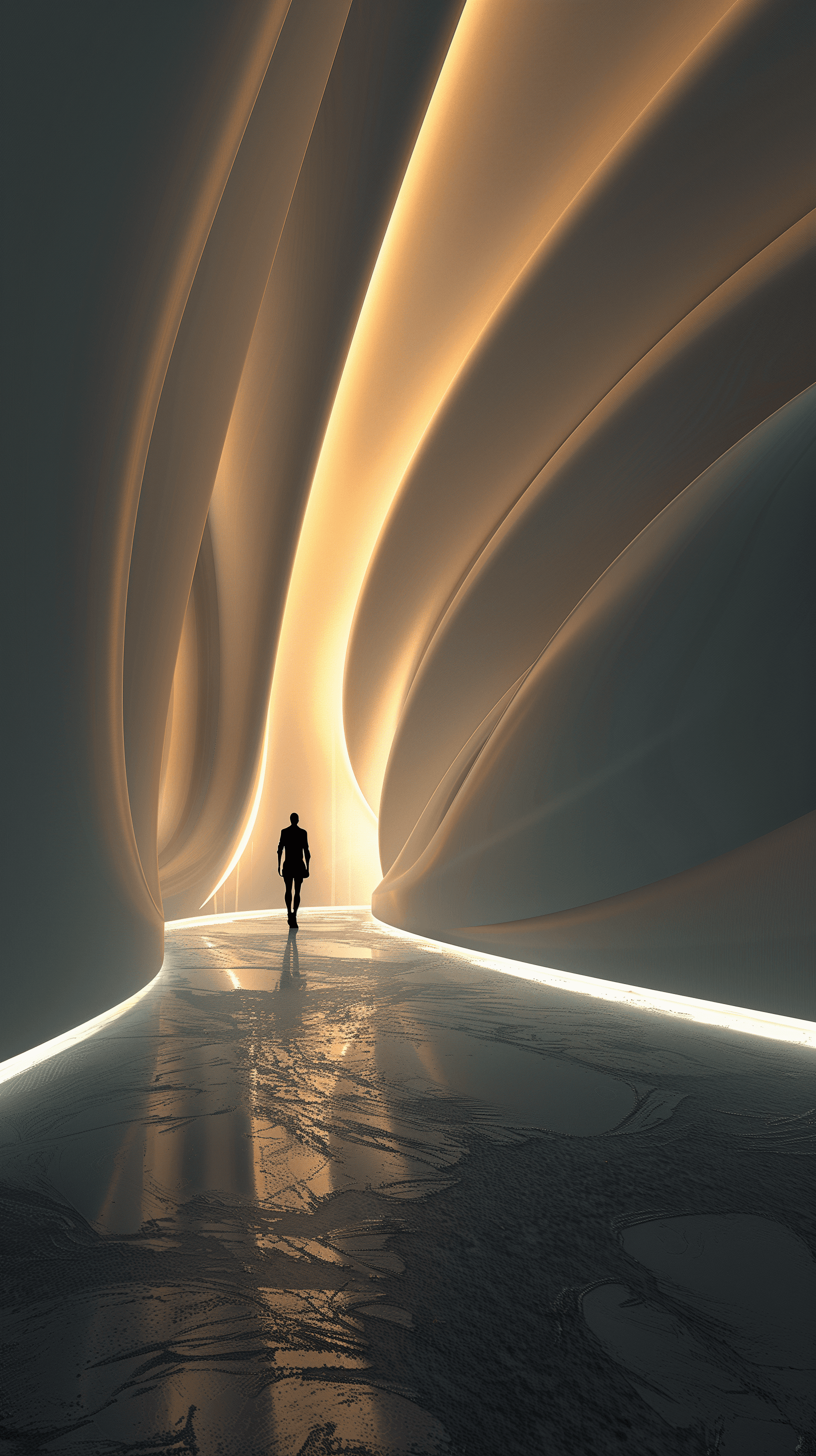 AI generated: Visualize, futuristic hallway with a seamless, curved design, walls are pure white with integrated s...