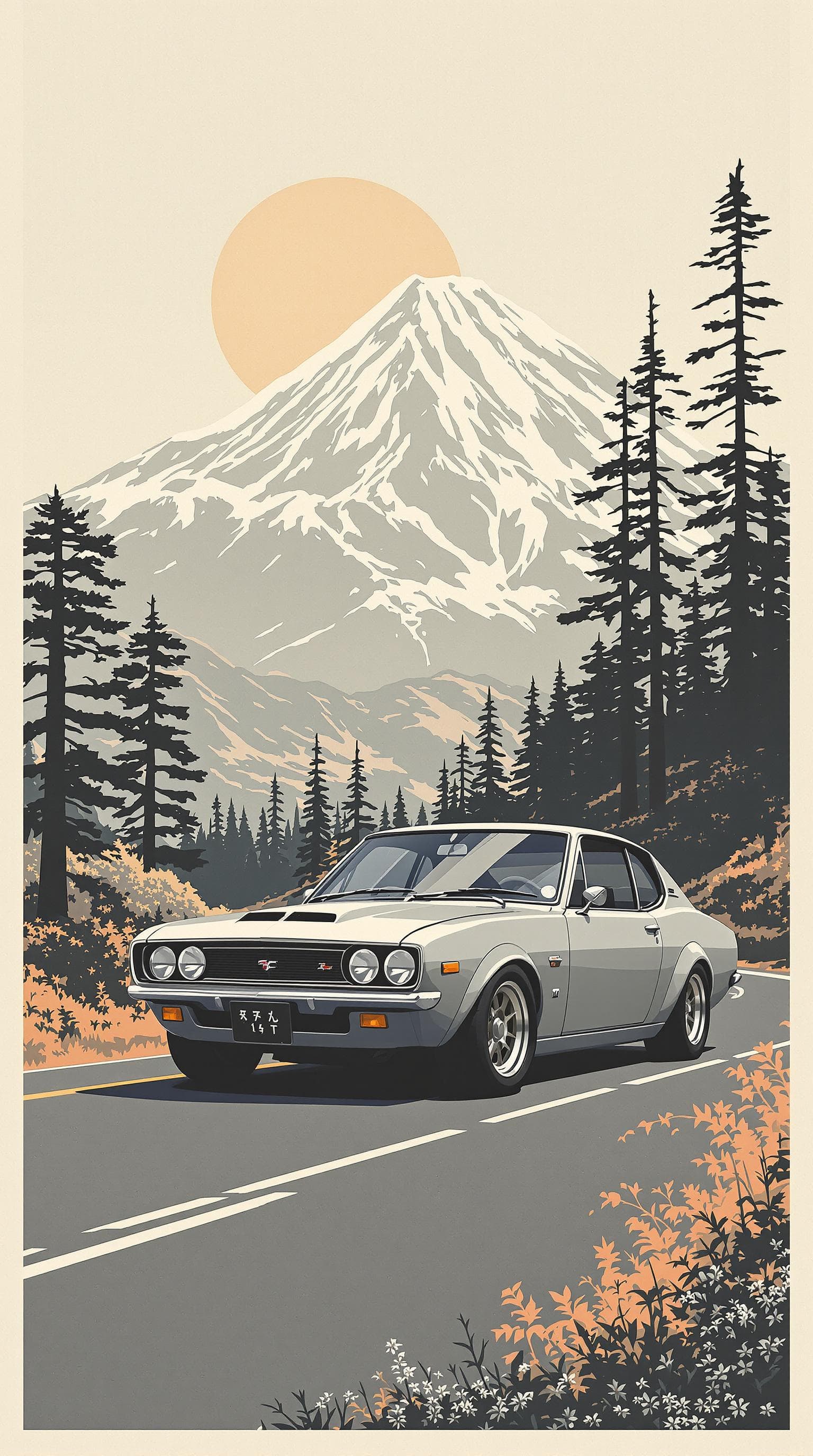 AI generated: gray nissan hakosuka gtr, mountains, clean minimalistic , illustration, Japanese vintage poster --ar...