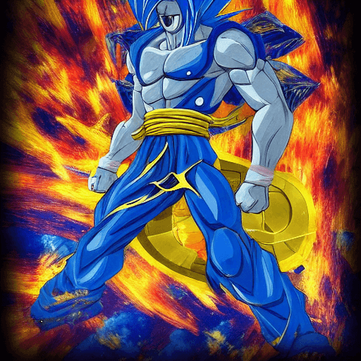 AI generated: "painterly style, Goku fighting at war, raging, blue hair, character design, body is adorned with gl...
