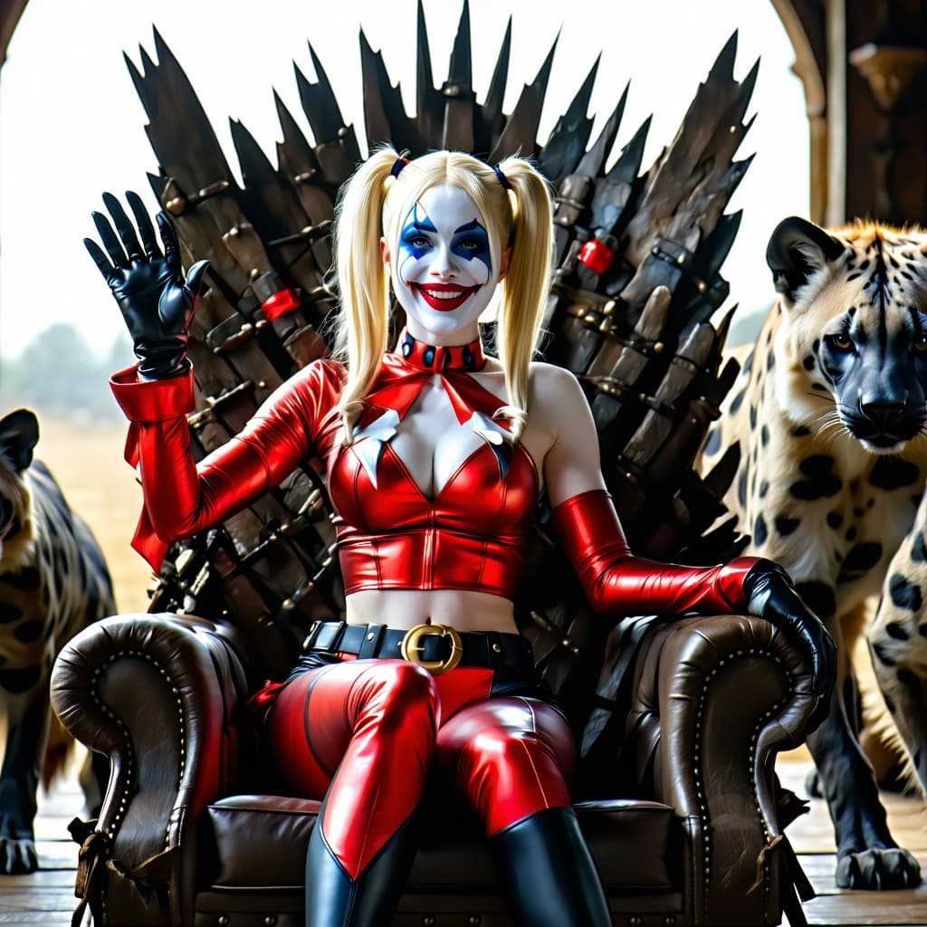 AI generated: A Full Body photo shot of Classic Harley Quinn, sitting on her throne chair, smile (happy), beauty, ...