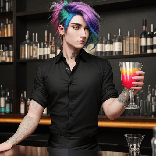 AI generated: Gorgeous bartender with rainbow hair wearing a black cloth shirt and cloth grey pants
