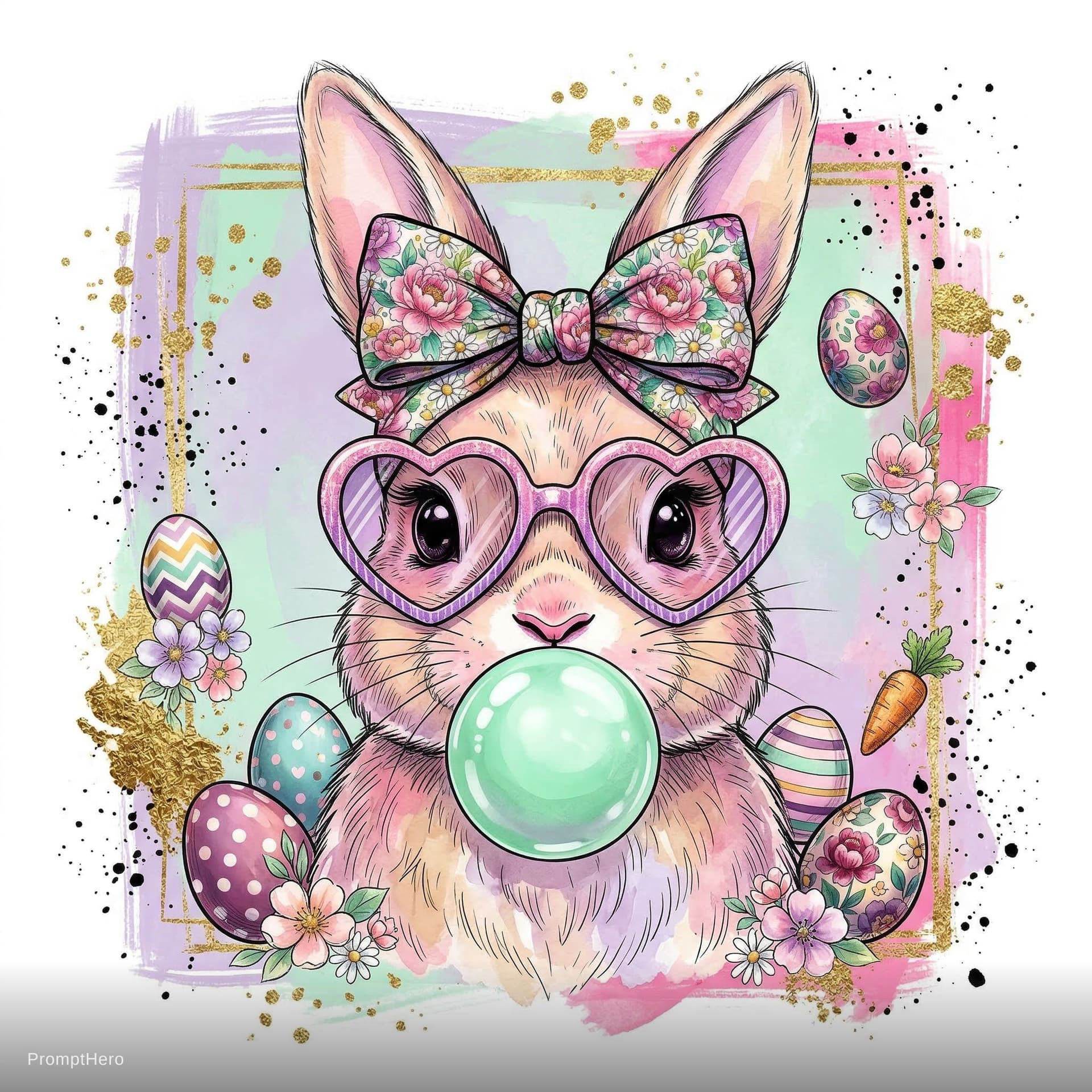 AI generated: cute stylish easter bunny character, big glossy eyes, blowing bubble gum, wearing heart-shaped sungl...