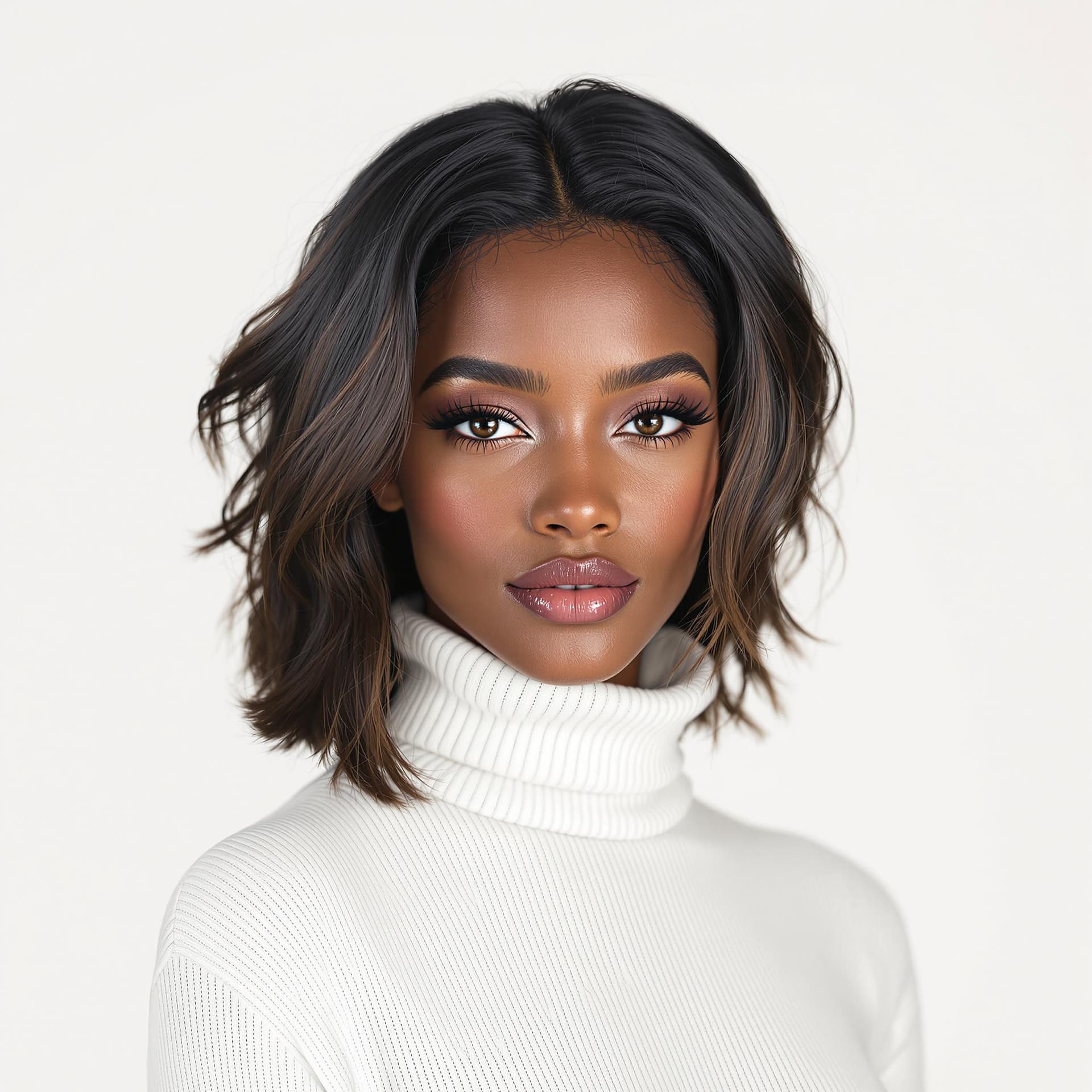 AI generated: Big bust slender brown woman with natural shoulder level hairstyle, wearing a white jumper rolled ne...