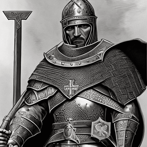 AI generated: A highly detailed illustration of a Crusader, captured in a commanding and intense pose, staring dir...