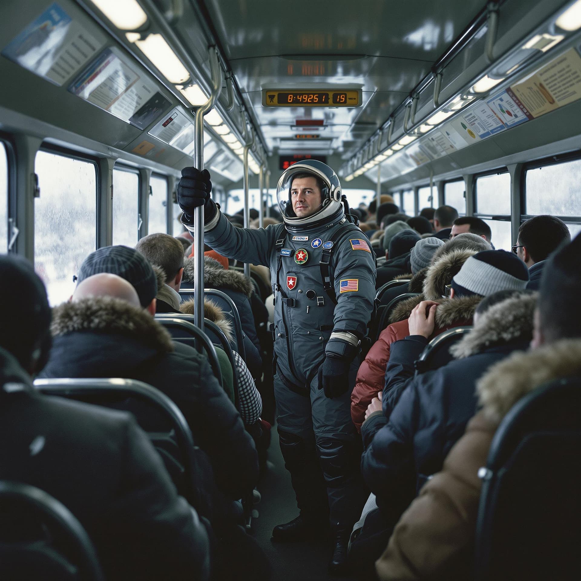 AI generated: early frosty morning in a crowded bus soviet era, pushing between bulging winter clothes in the cent...