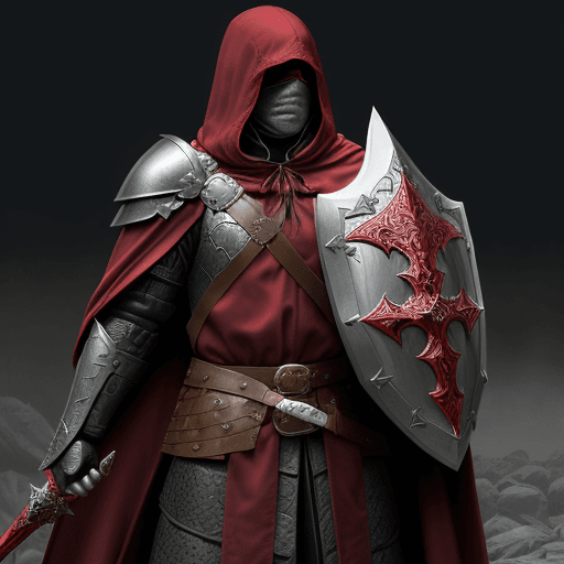 AI generated:  man cleric from the Middle Ages, with face covered by shade of dark-red hood, in scaled armour and ...