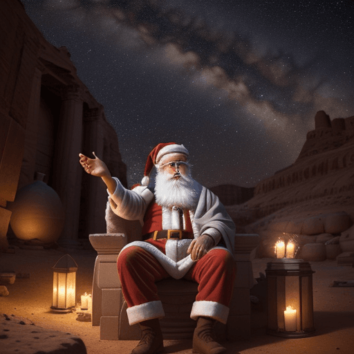 AI generated: Grey santa sitting in petra jordan watching the starry together with all his friends through all lif...