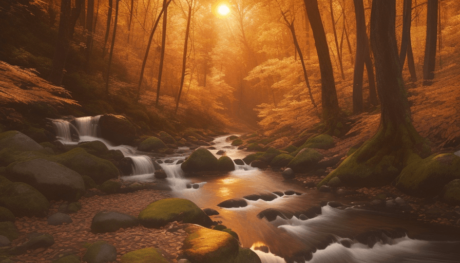 AI generated: a stream running through a forest, by Alexander Brook, shutterstock contest winner, hudson river sch...