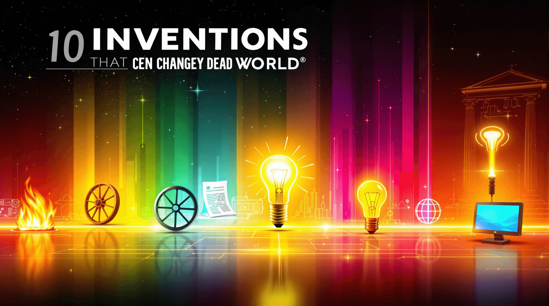 AI generated: A visually striking showcasing "10 Inventions That Changed the World." The design should feature a b...