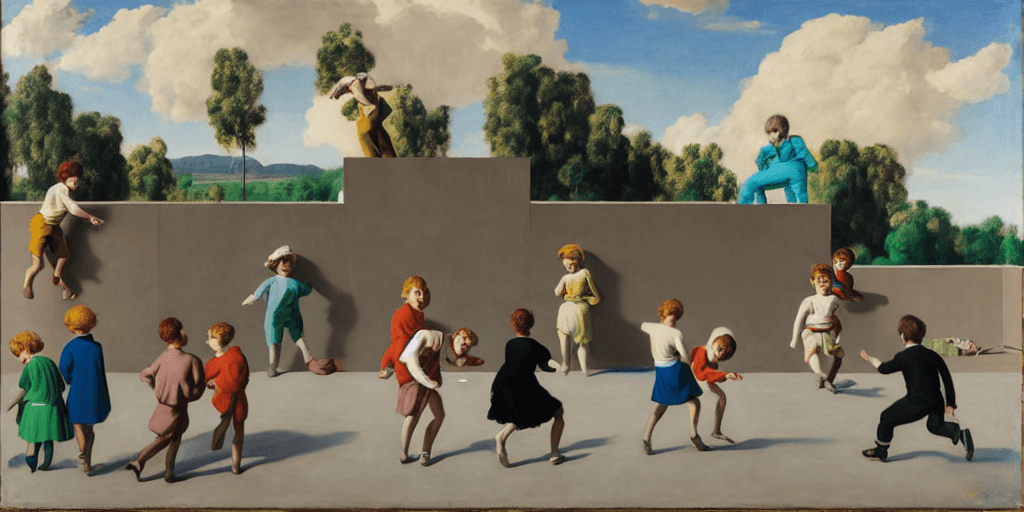 AI generated: neo rauch, children playing on rooftop