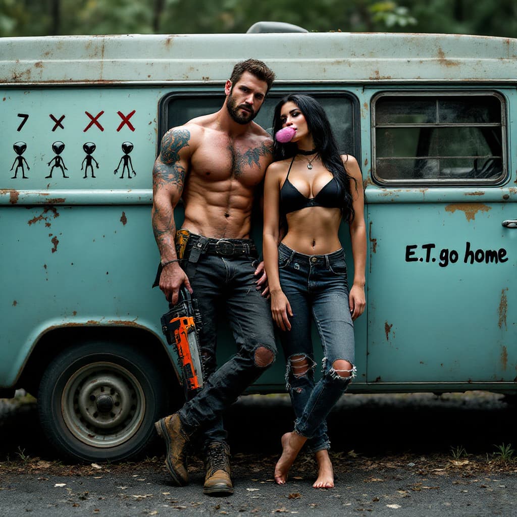 AI generated: full body view of a couple. A muscular man with a light beard, muscular, boots, with a rifle in his ...