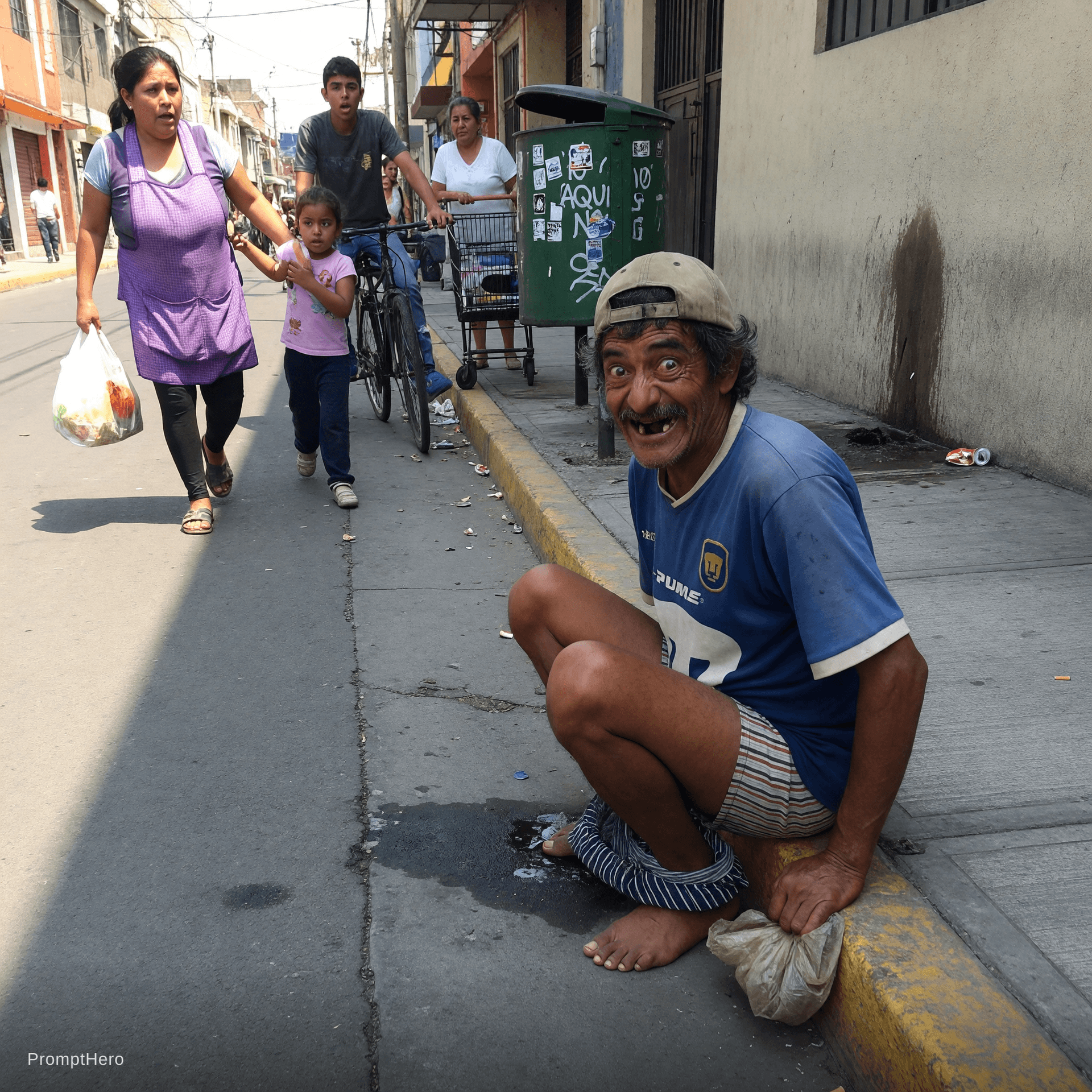 AI generated: tío cagando en la calle mientras mira a la gente a los ojos como si estuviera loco, imagen realista