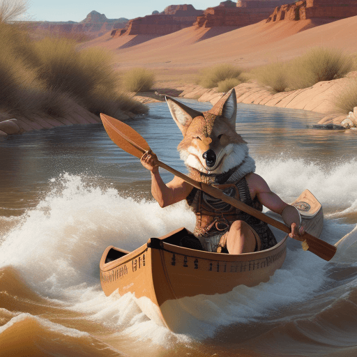 AI generated: native amertican art of cypherpunk coyote maneuvering a canoe with a wooden paddle down a roaring ri...