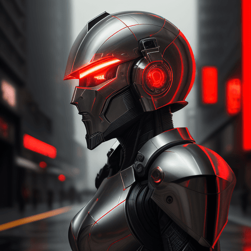 AI generated: android with metallic advanced armor, weaponry, and helmet, neon red, street, overcast, reflection m...