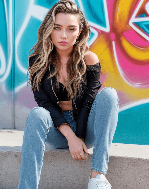 AI generated: FlorencePugh3 Half-Up Half-Down: black hair This versatile hairstyle allows you to showcase both you...