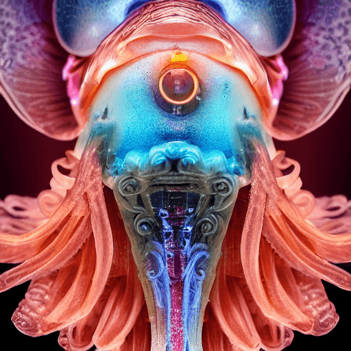 AI generated: goddess close-up portrait ribcagel. jellyfish phoenix head, nautilus, orchid, skull, betta fish, bio...