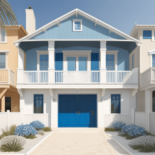 AI generated:  a coastal design with Mediterranean building style, blue & white color on exterior walls, artistic,...