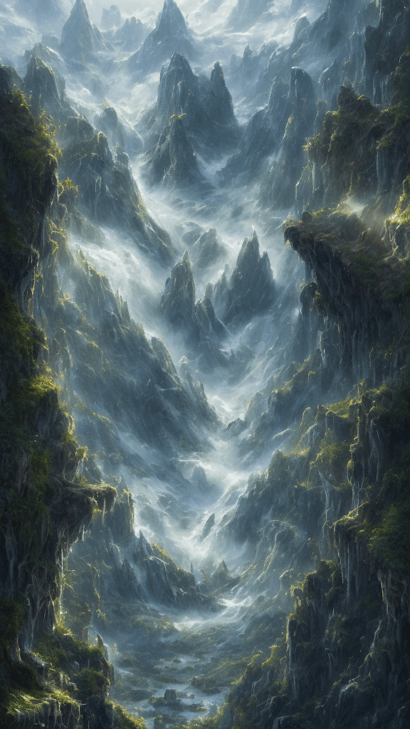 AI generated: view of a valley from the top of a mountain, waterfall falling from the top of the mountain，like the...