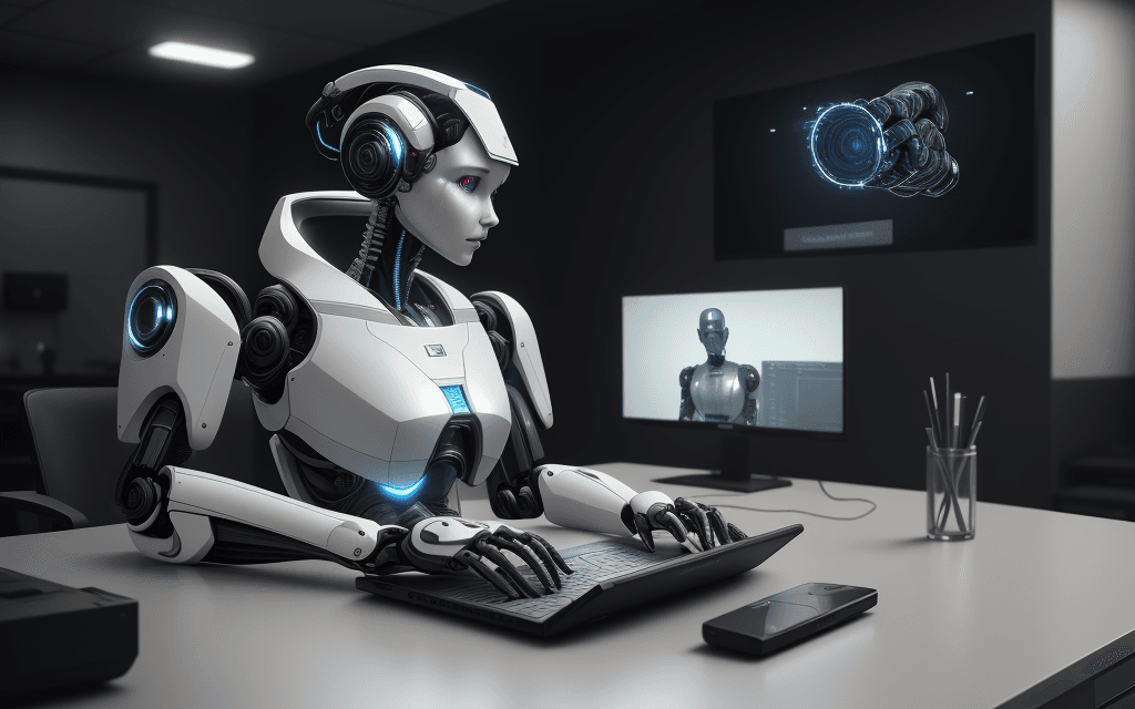 AI generated: Photo of a ultra realistic AI robot making appointments at a computer, 4k, hyper-realistic, focused,...