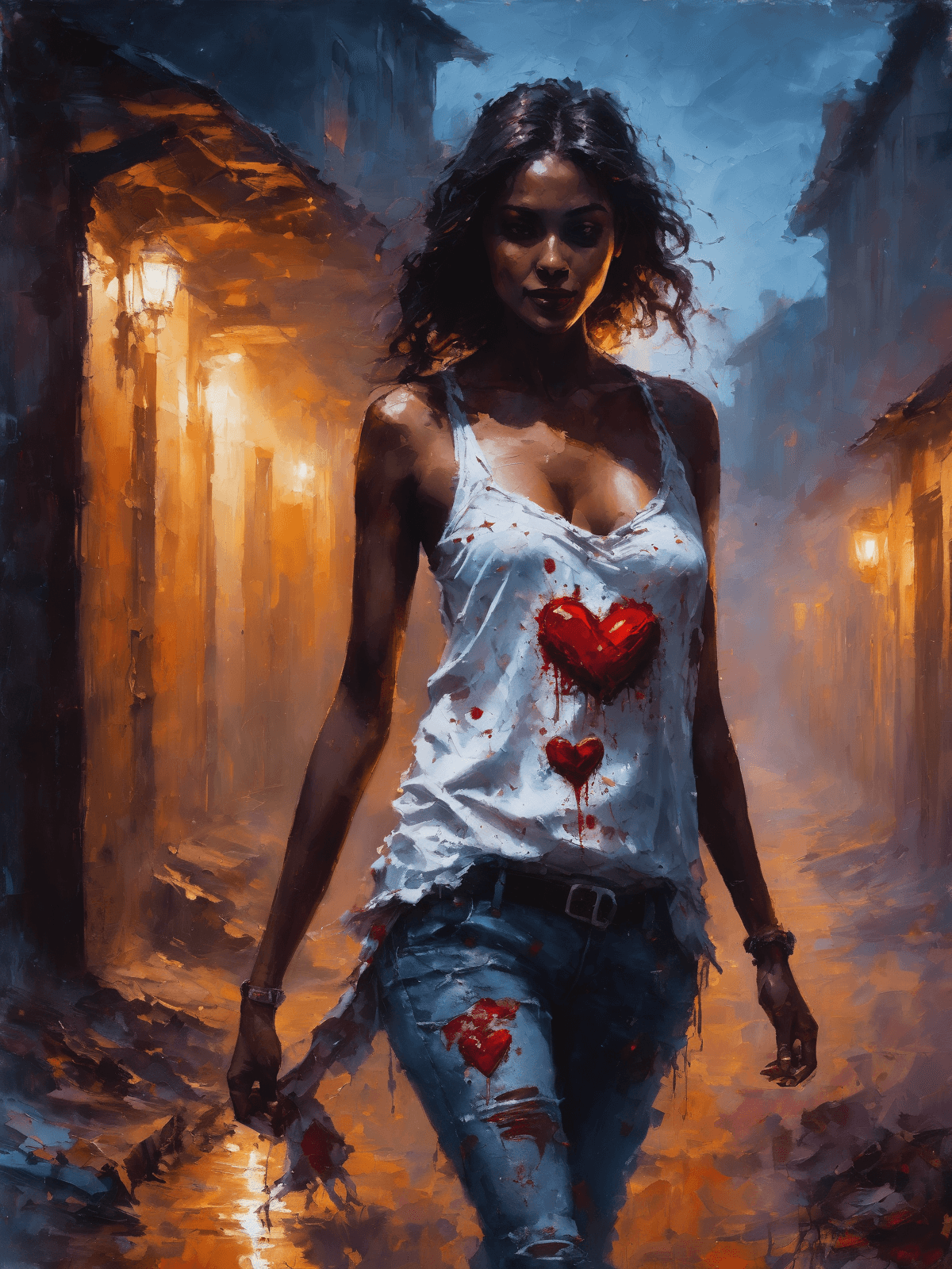 AI generated: beautiful woman, torn clothes, smiling