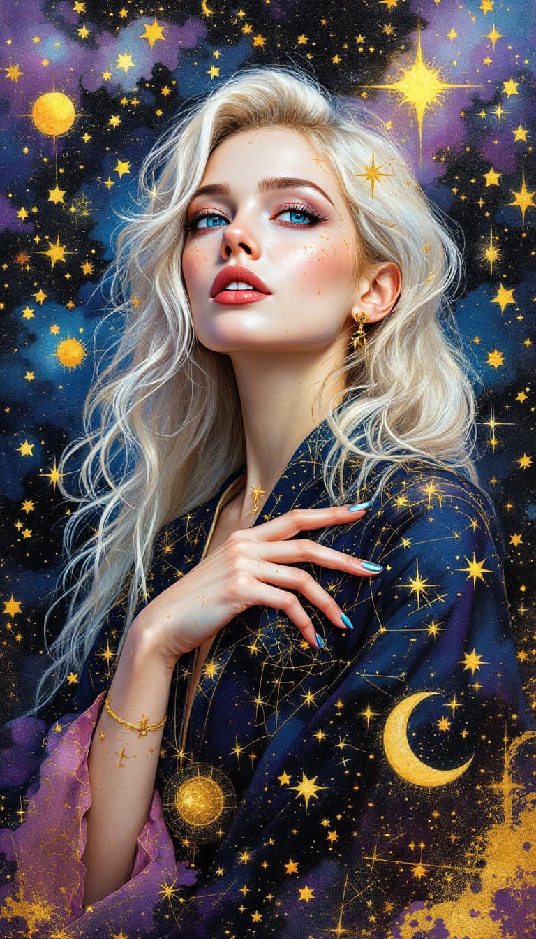 AI generated: "Rose Gold Astronomer in a Celestial Sky": A mesmerizing abstract painting depicts an astronomer, ex...