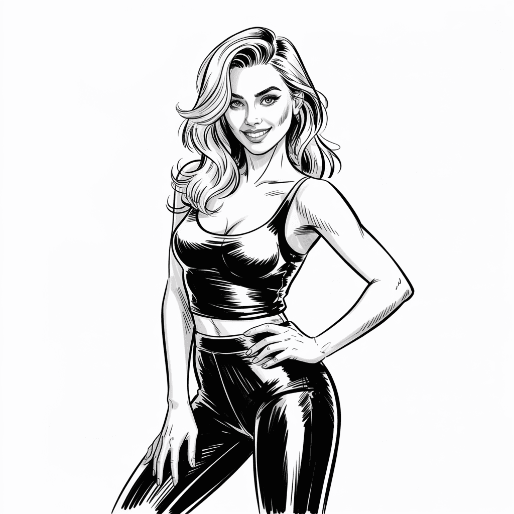 AI generated: Black and white ink sketch of a gorgeous blonde woman, slightly-wavy long hair, bold black eyeliner,...