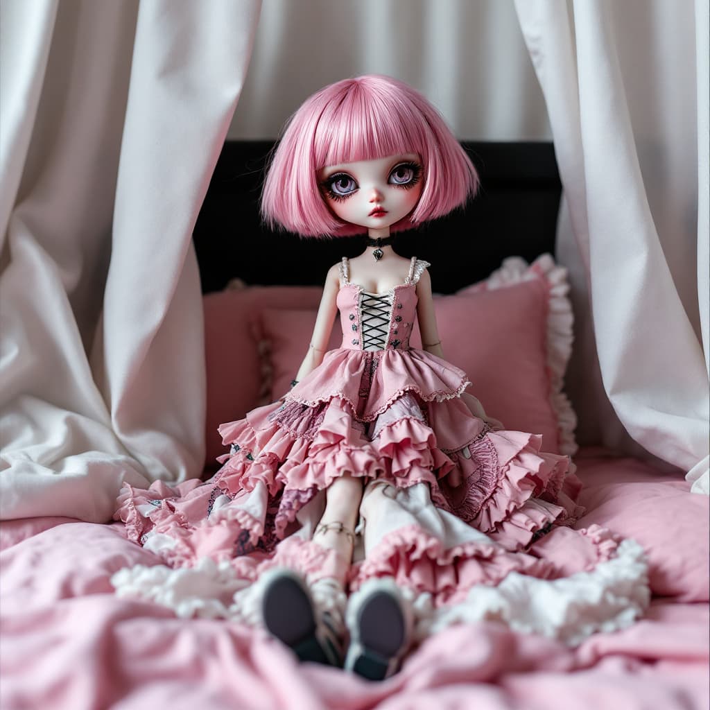 AI generated: on a bed with pink sheets and white curtains a unisex doll  sits on a shelf with a melancholy expres...