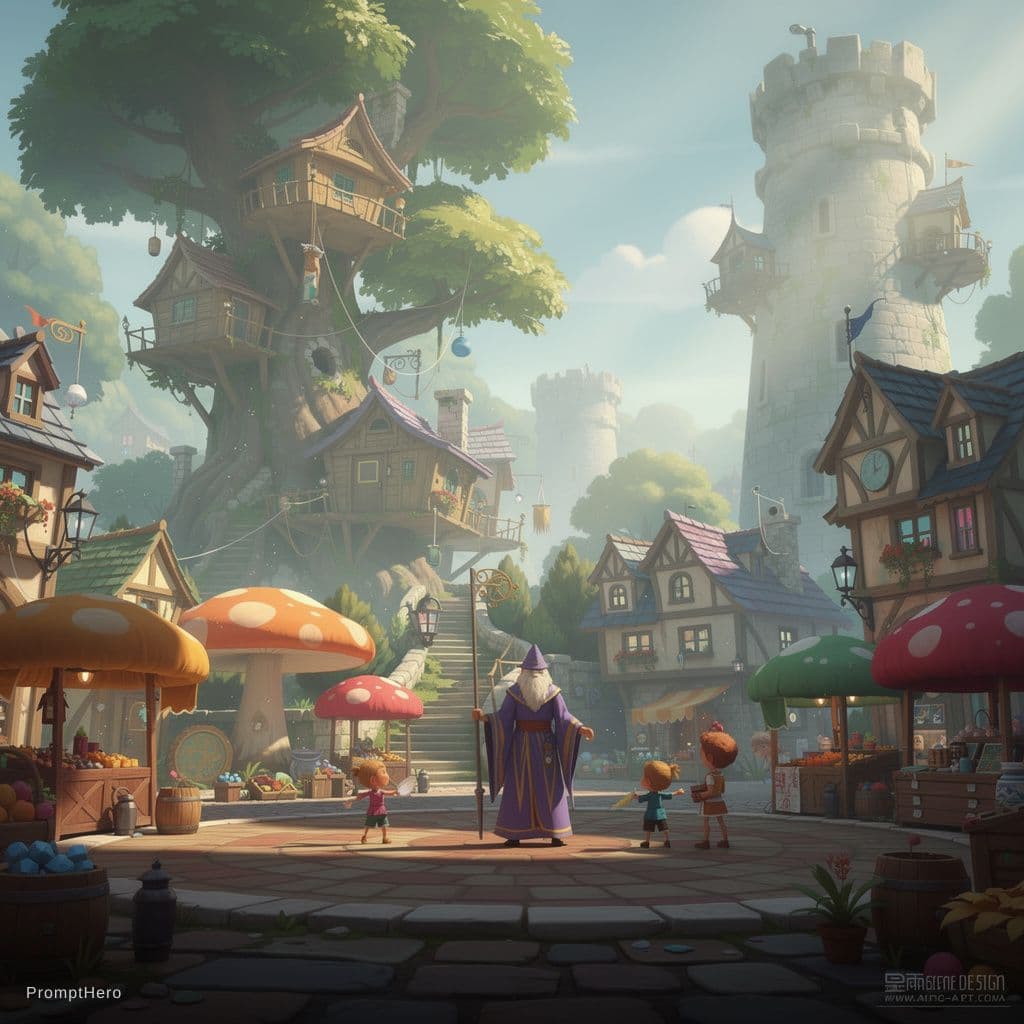 AI generated: “fantasy town, treehouses intertwined with ancient stone towers, mushroom-shaped stalls, cobblestone...