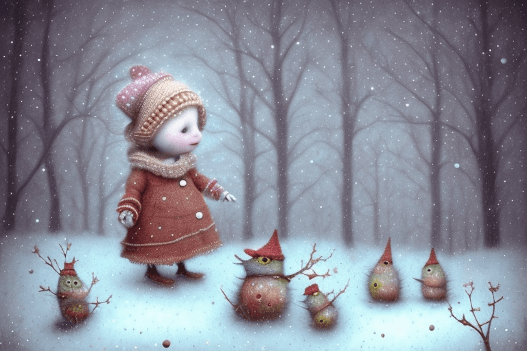 AI generated: On the left side of the image a Holly Hobbie boy facing the camera, wintertime in the style of Gabri...