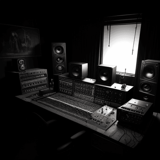 AI generated: home music studio set up, detailed mixing desk , sampling pads, speakers, etc, high contrast lightin...