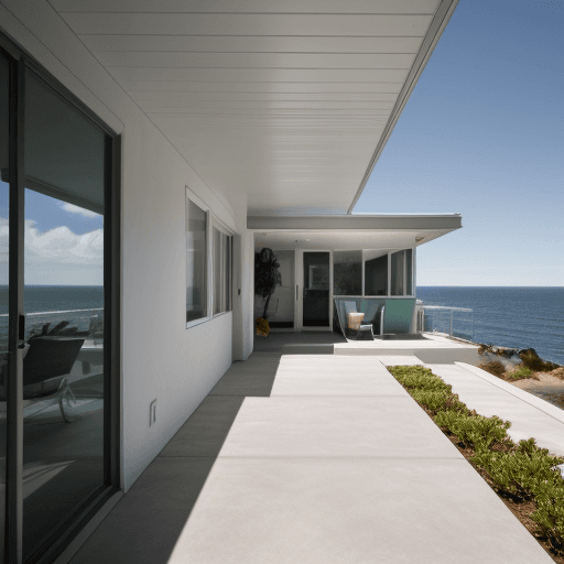 AI generated: Hyper realistic eye level exterior photo of a mid century modern style house overlooking the ocean, ...