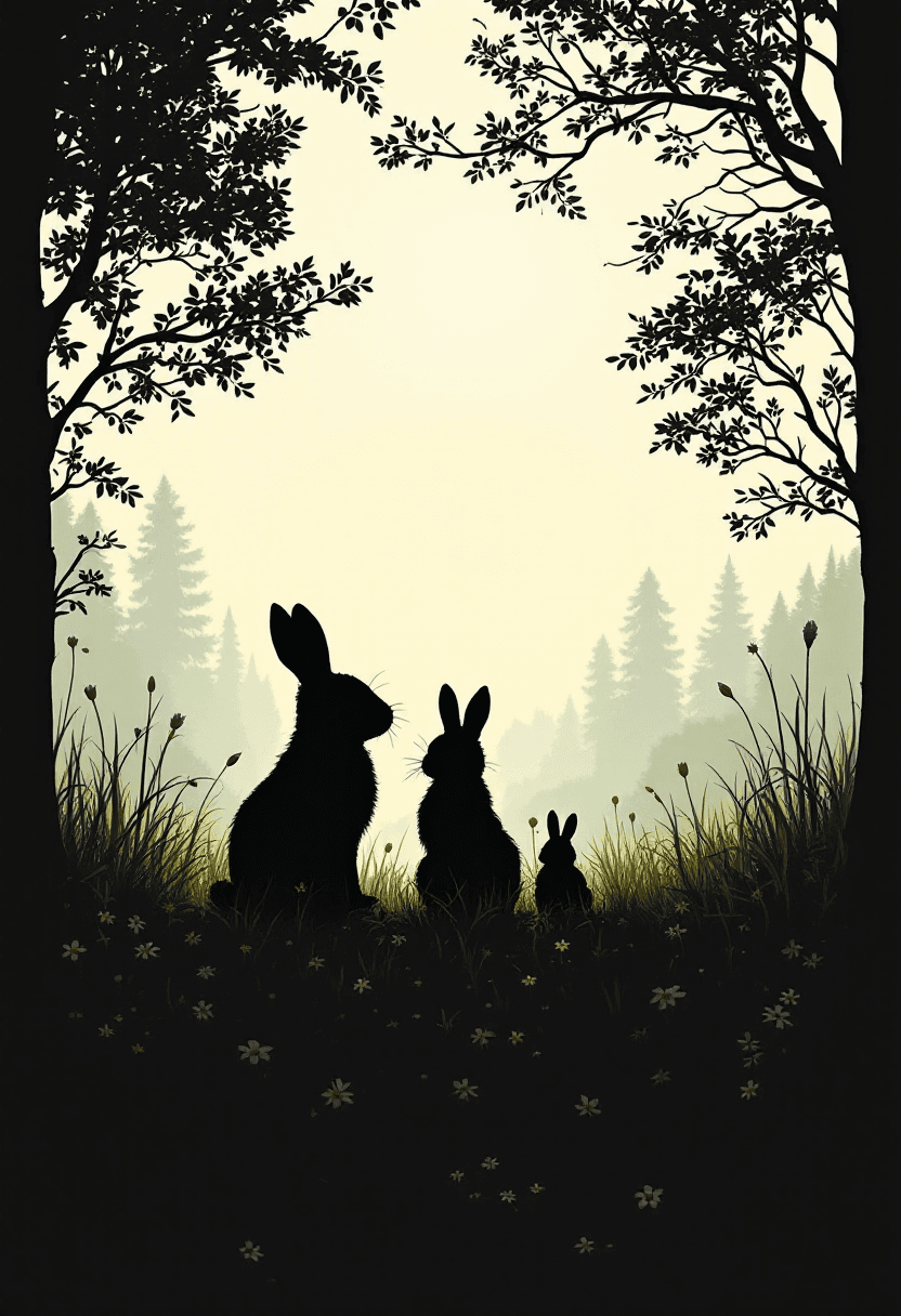 AI generated: silhouette of a Easterscene with Rabits ans eggs grass trees