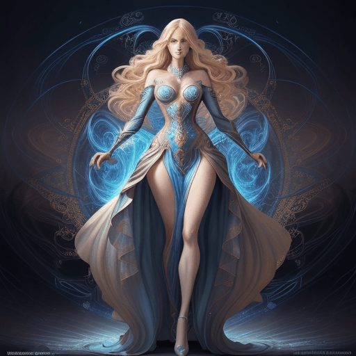 AI generated: blond hair, blue eyes, divine proportion, detailed face, hourglass figure, full body, beautiful and ...