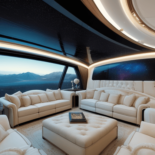 AI generated: This luxurious living room on a space ship boasts a panoramic window that wraps around one entire wa...