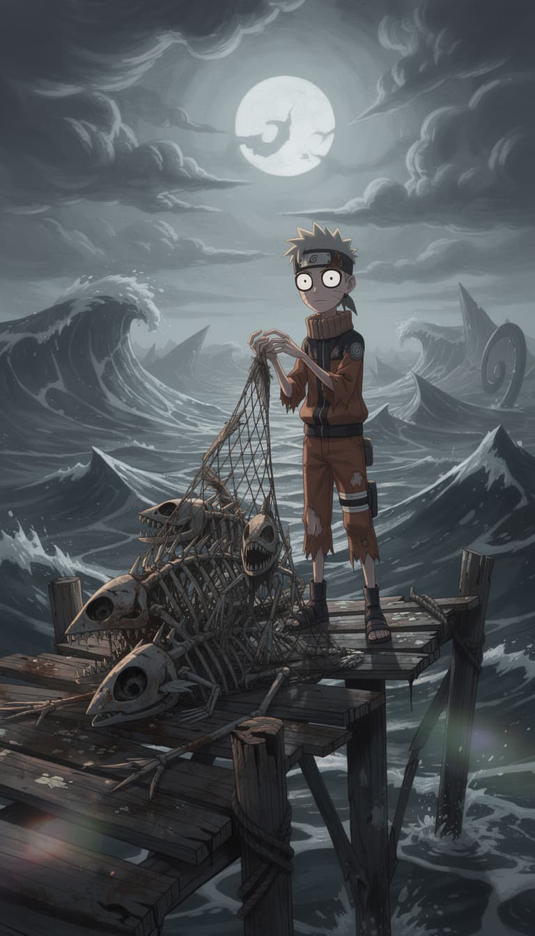 AI generated: A wide angle shot, Tim Burton style. A thin, poor Naruto with sad eyes holding a fishing net full of...