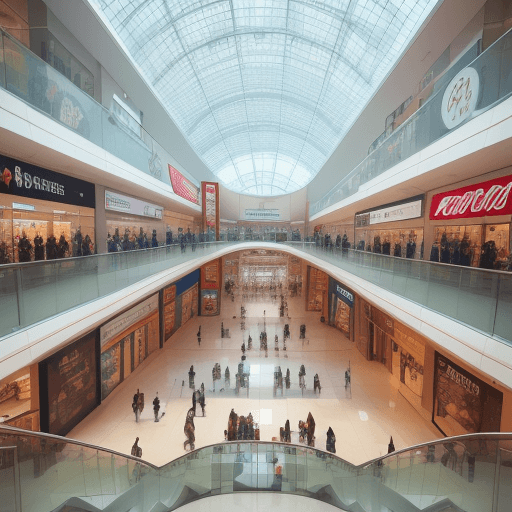 AI generated: huge, ginormous, high resolution, 8k, shopping mall, tall ceiling, large shelves