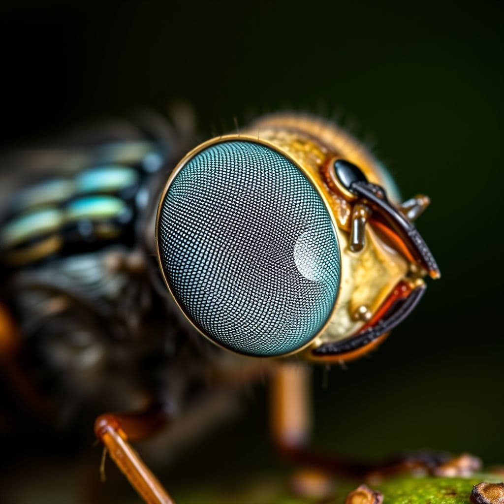 AI generated: apture a captivating photograph focusing on the intricate details of a fly's eye, showcasing its com...