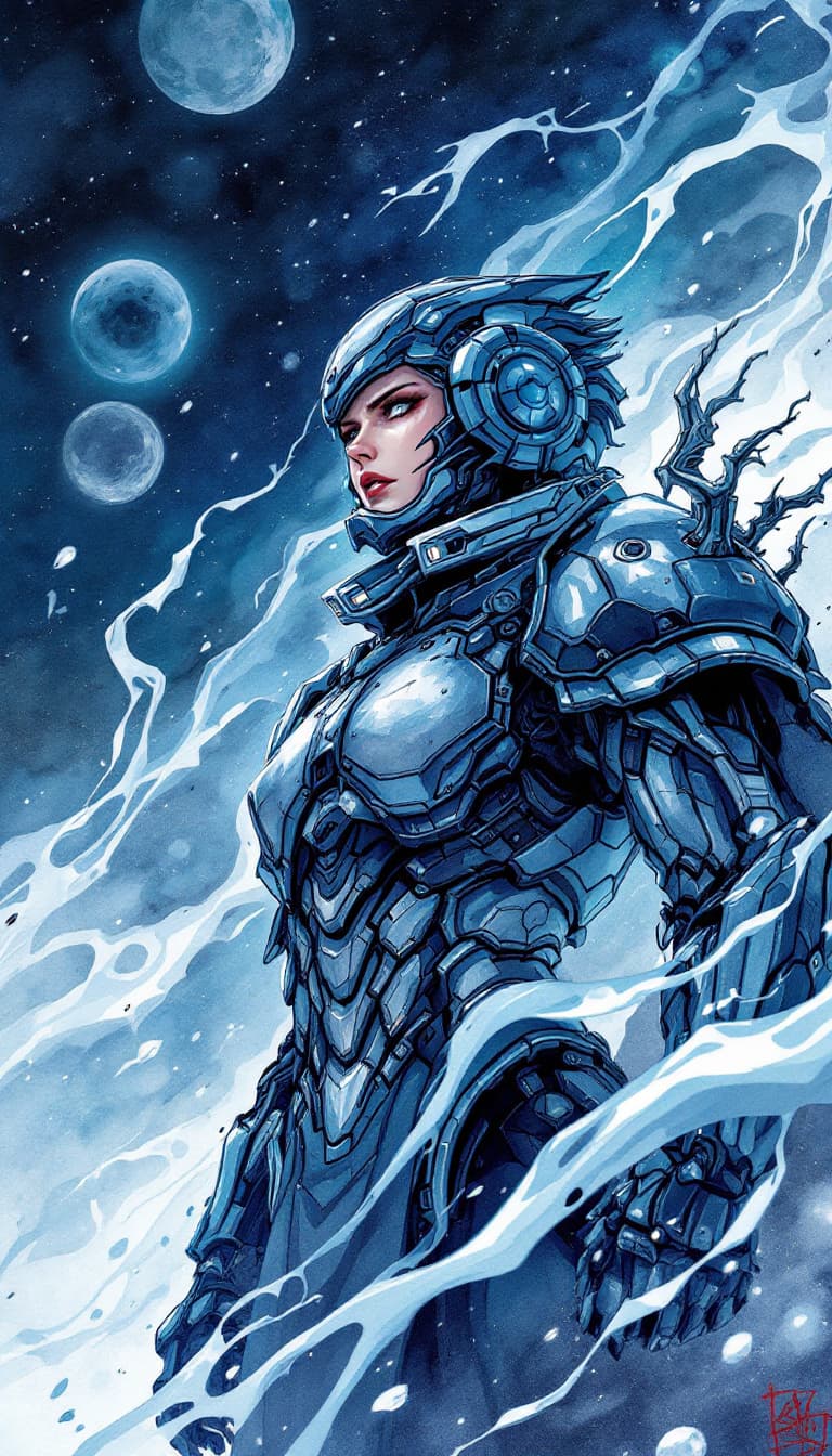 AI generated: ink line illustration, soft body armor, watercolor, anime style, dark and grim atmosphere, intense c...